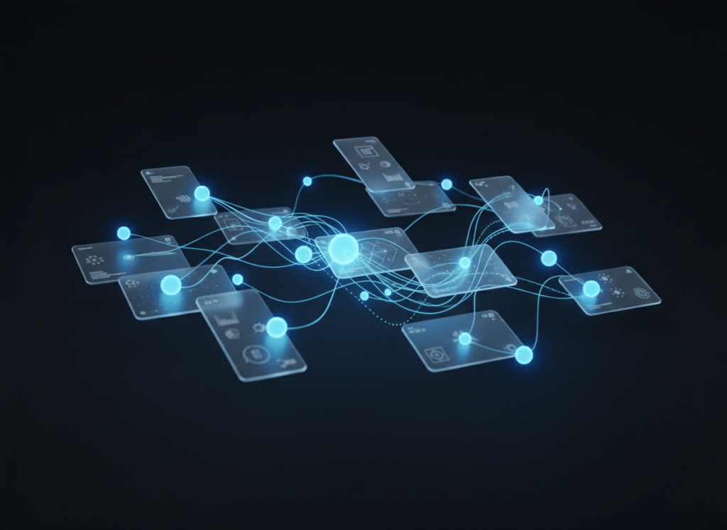 Abstract network of connected blue nodes representing automated workflows
