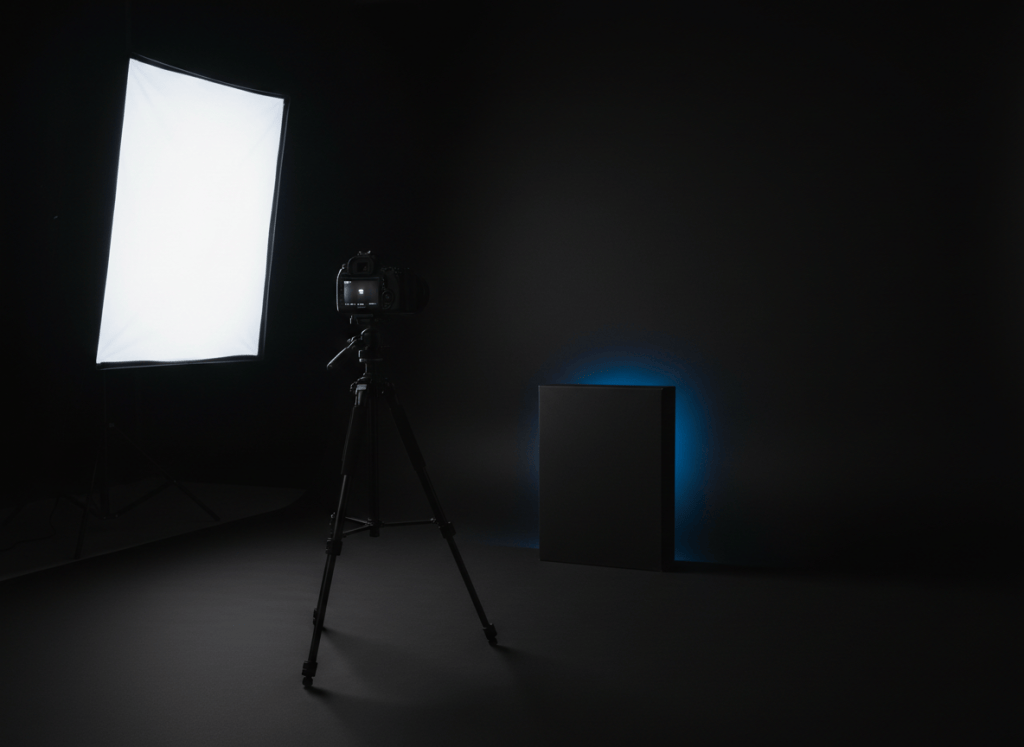 Product photography studio with blue rim lighting
