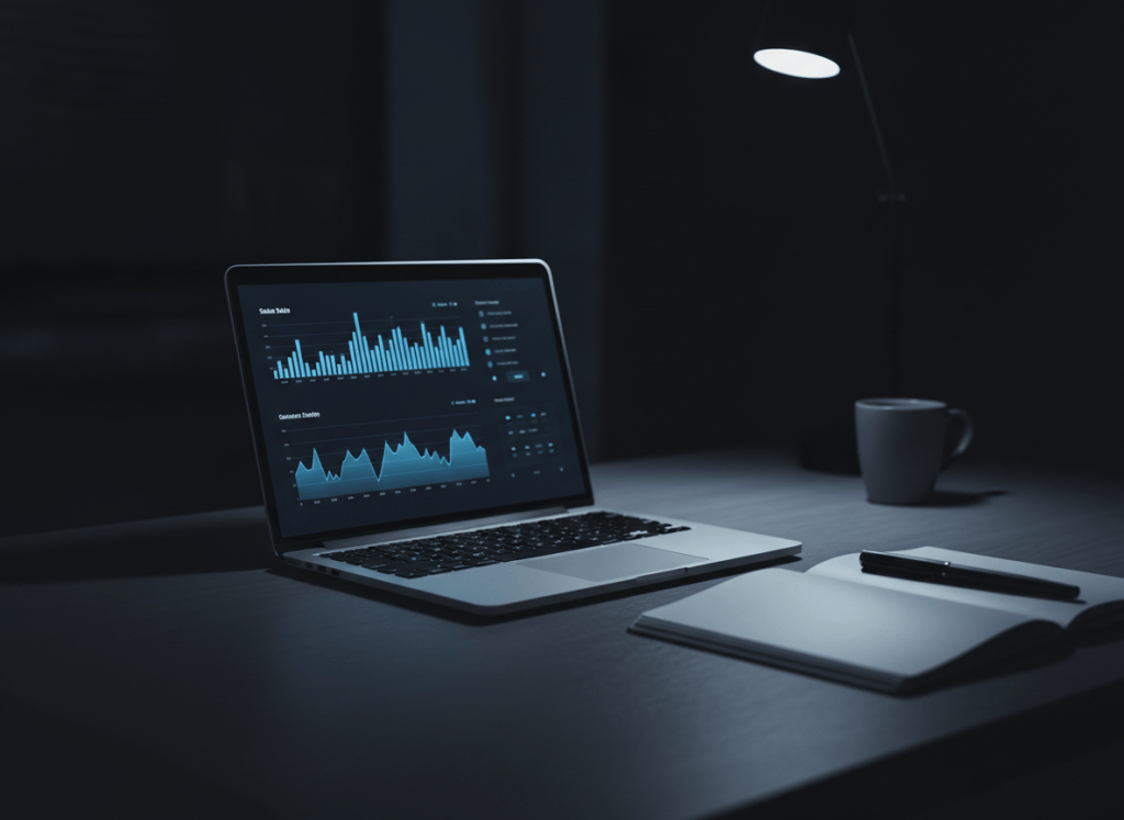 Laptop showing an abstract sales dashboard on a dark desk
