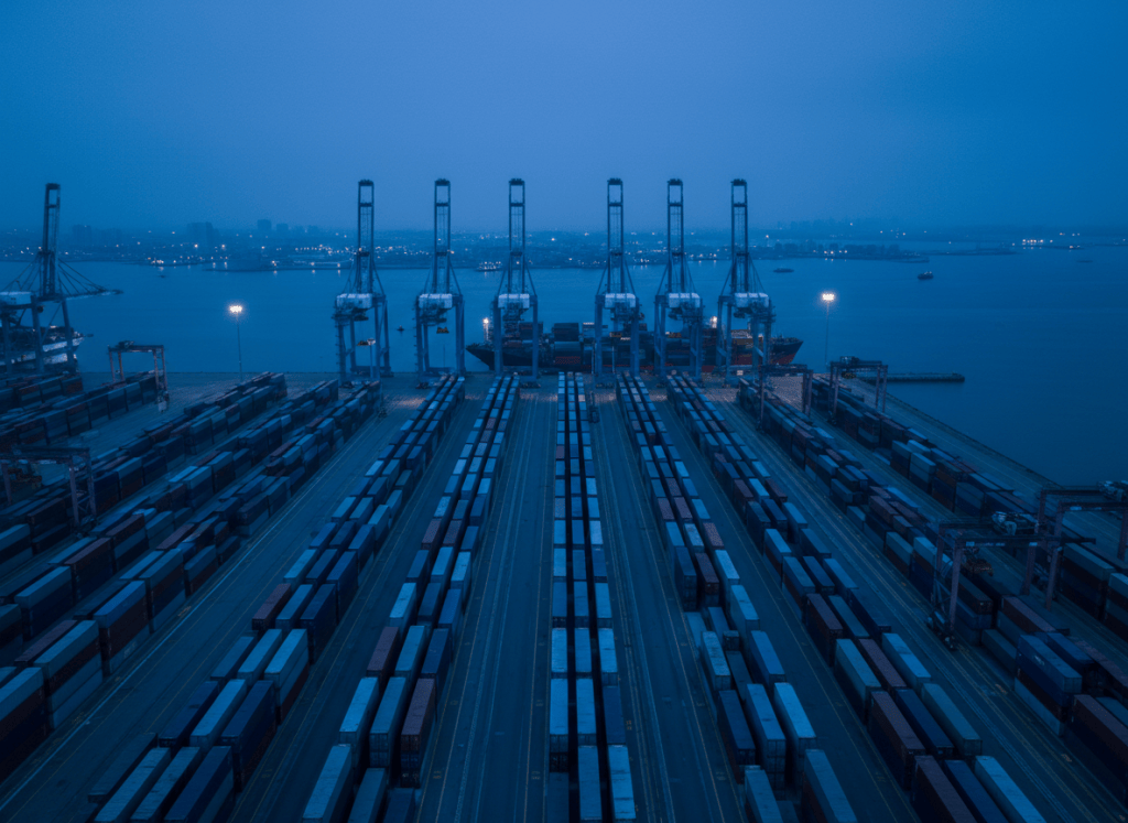 Container port at blue hour seen from above